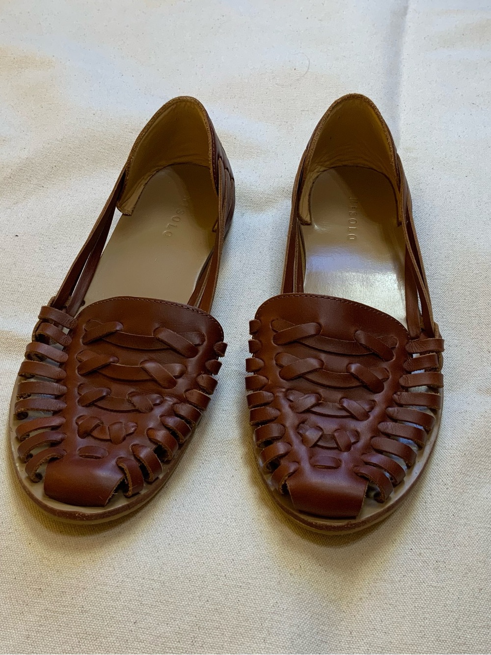 Nisolo Chestnut Brown Woven Leather Huarache Slip-Ons 9.5